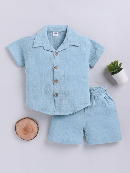 Blue Solid Cotton Short Sleeves Co-ord Set