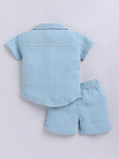 Blue Solid Cotton Short Sleeves Co-ord Set