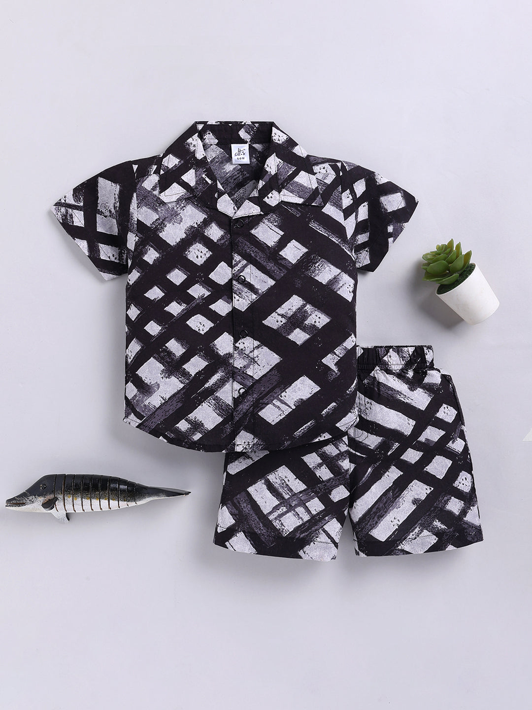 Black Striped Cotton Short Sleeves Co-ord Set