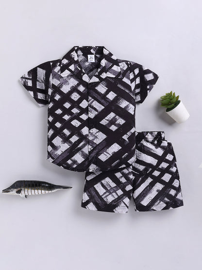 Black Striped Cotton Short Sleeves Co-ord Set