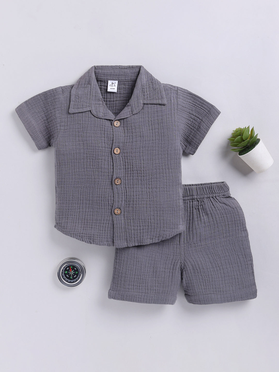 Grey Solid Cotton Short Sleeves Co-ord Set