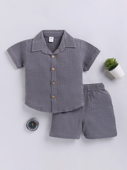 Grey Solid Cotton Short Sleeves Co-ord Set