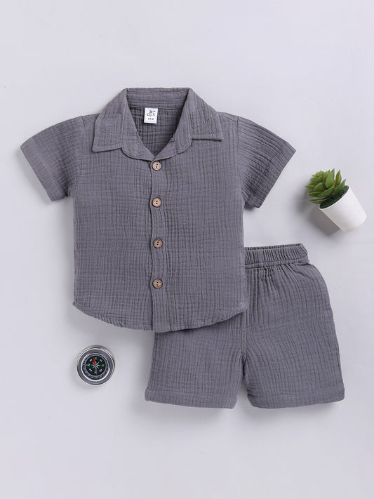 Grey Solid Cotton Short Sleeves Co-ord Set