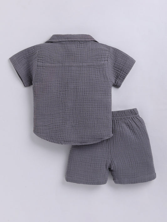 Grey Solid Cotton Short Sleeves Co-ord Set