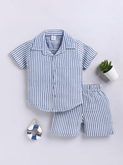 Blue Striped Cotton Short Sleeves Co-ord Set