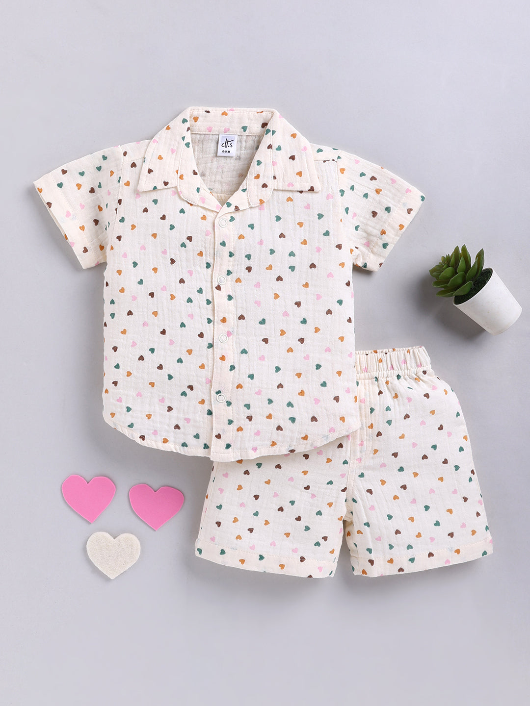 Cream "Hearts" Cotton Short Sleeves Co-ord Set