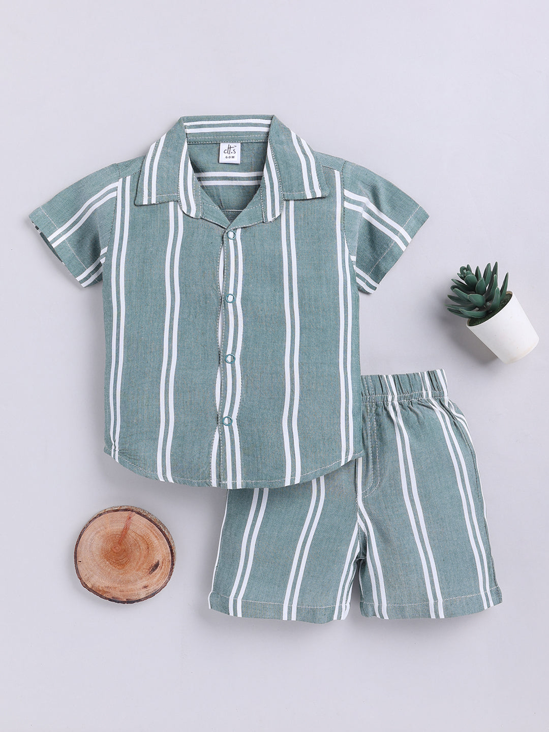 Green Striped Cotton Short Sleeves Co-ord Set