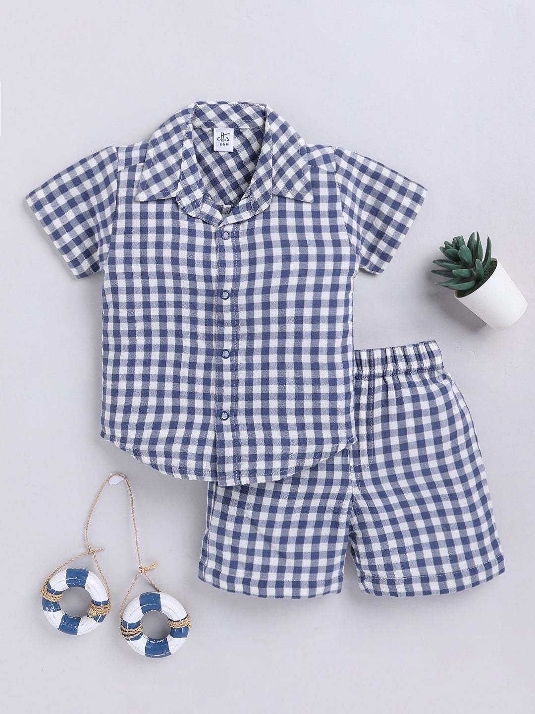 Blue Checked Cotton Short Sleeves Co-ord Set