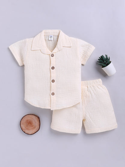 Cream Solid Cotton Short Sleeves Co-ord Set