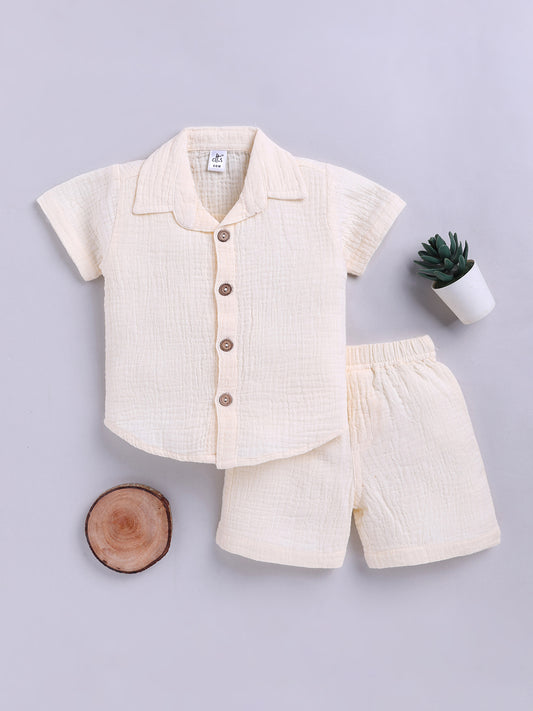 Cream Solid Cotton Short Sleeves Co-ord Set