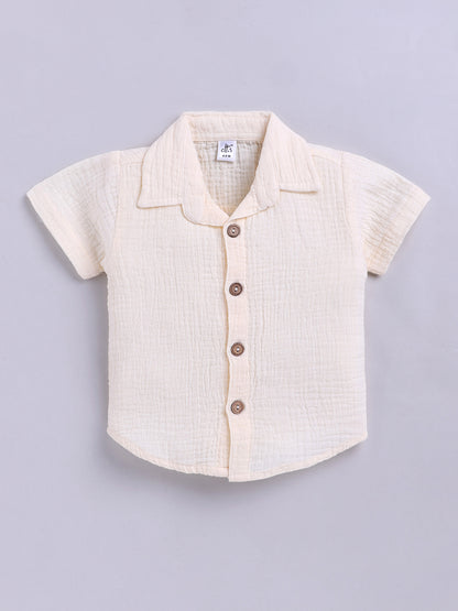 Cream Solid Cotton Short Sleeves Co-ord Set