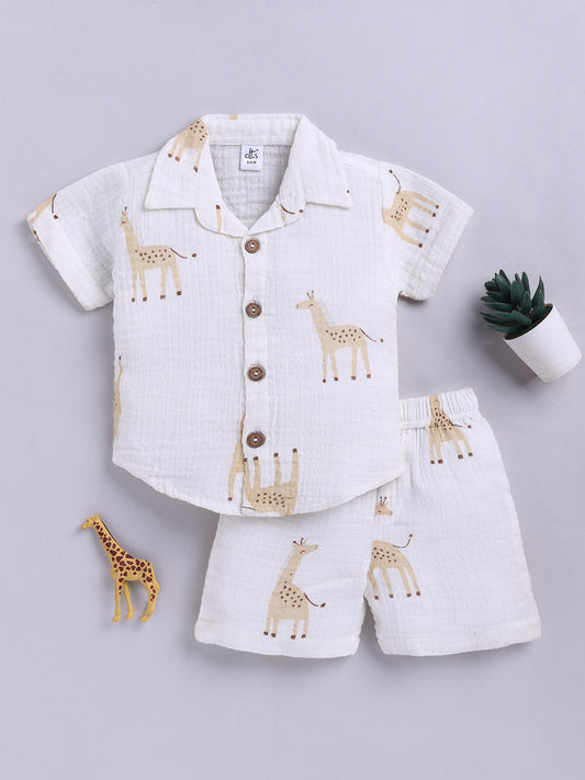 White Animal Printed Cotton Short Sleeves Co-ord Set