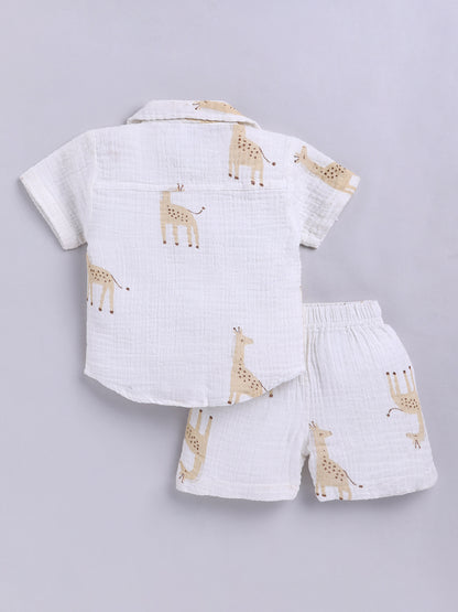 White Animal Printed Cotton Short Sleeves Co-ord Set