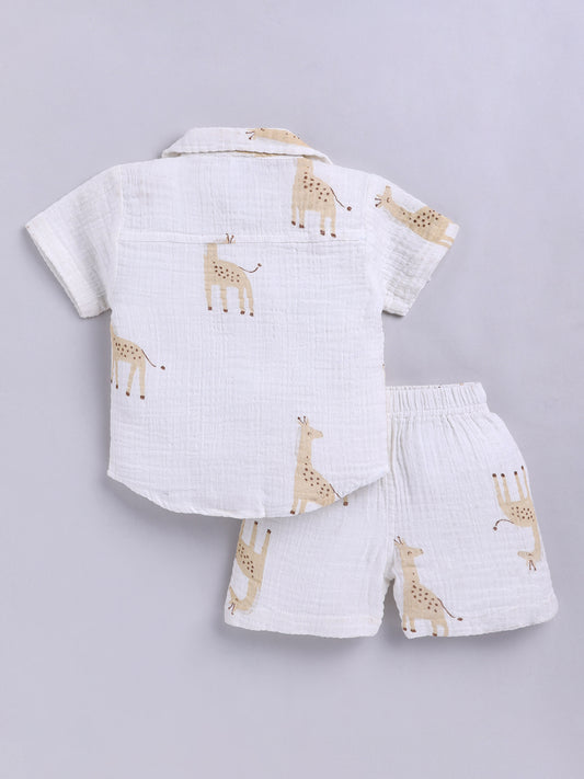 White Animal Printed Cotton Short Sleeves Co-ord Set