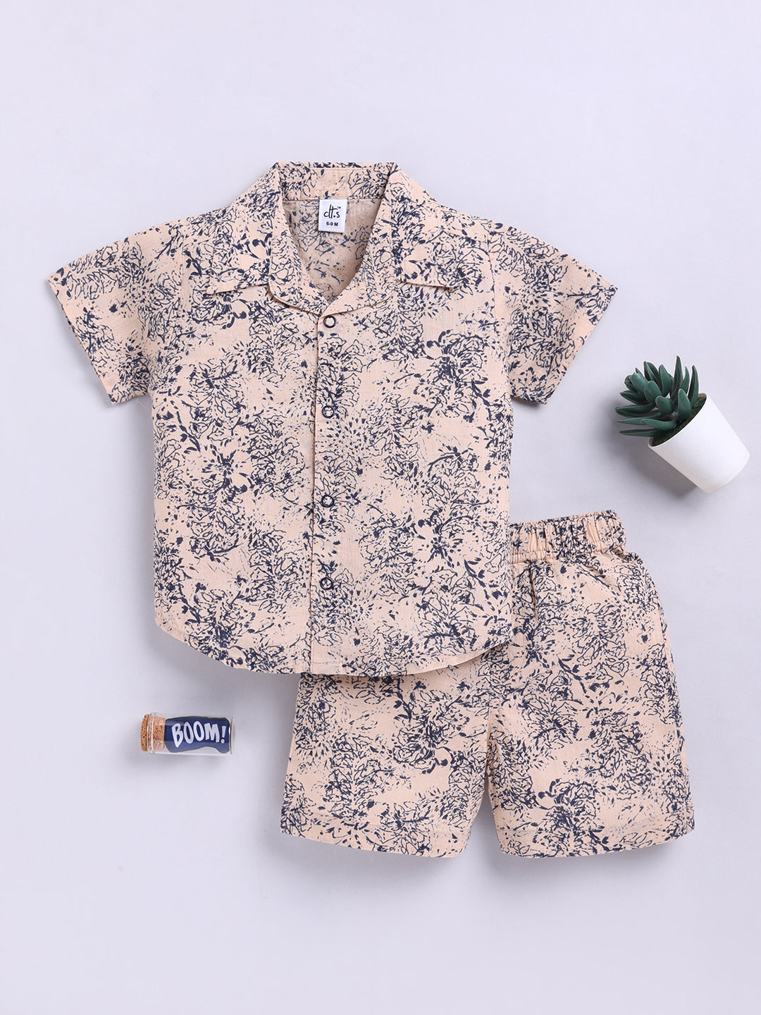 Beige Floral Cotton Short Sleeves Co-ord Set