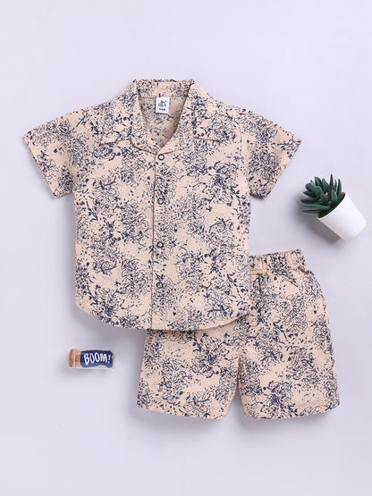 Beige Floral Cotton Short Sleeves Co-ord Set