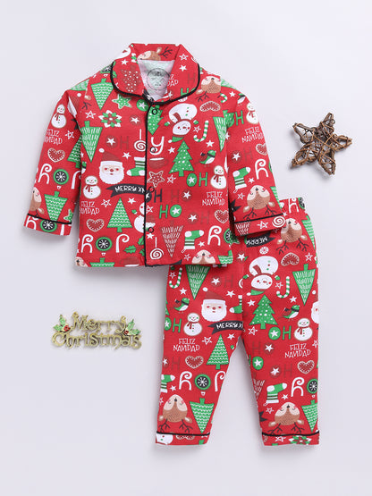 Red Christmas Theme Checked Full sleeve Night Suit