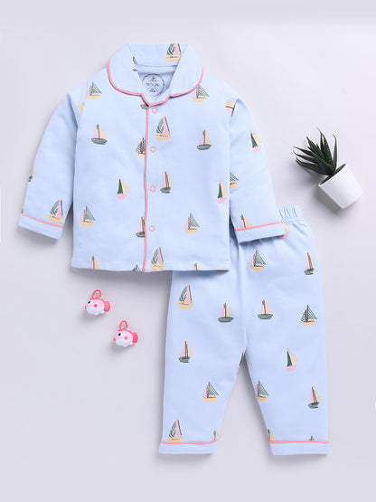 Blue Boat Print Full sleeve Night Suit