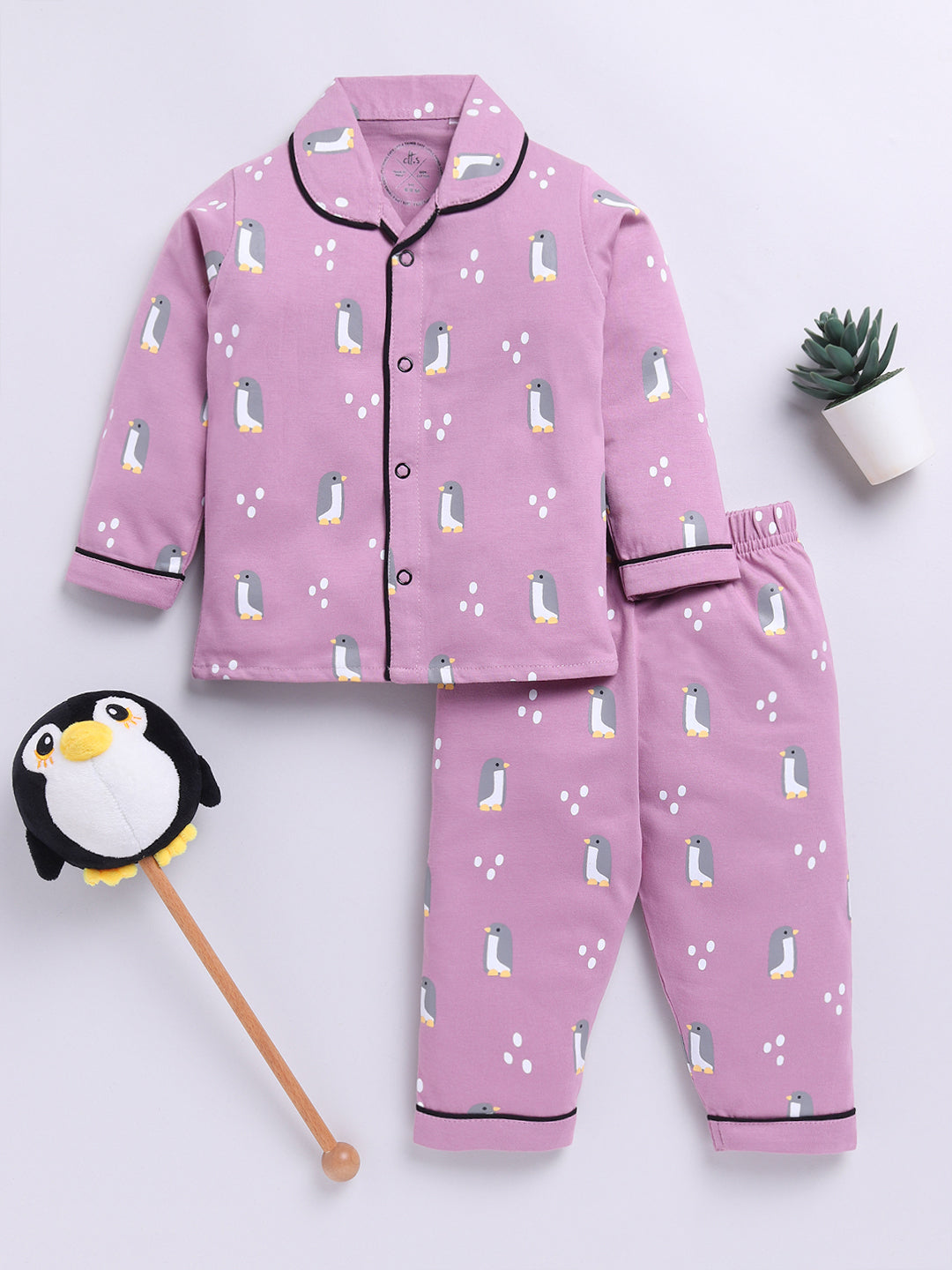 Purple Penguin Print Full Sleeve Night Suit