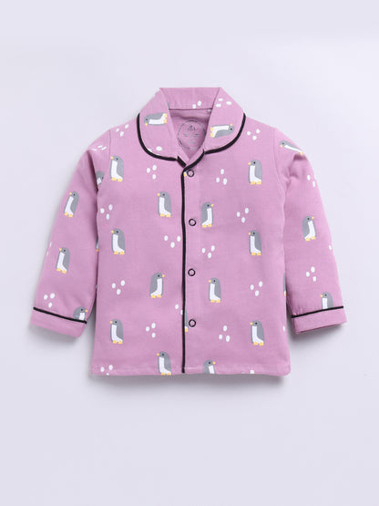 Purple Penguin Print Full Sleeve Night Suit