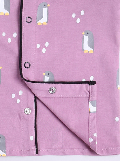 Purple Penguin Print Full Sleeve Night Suit