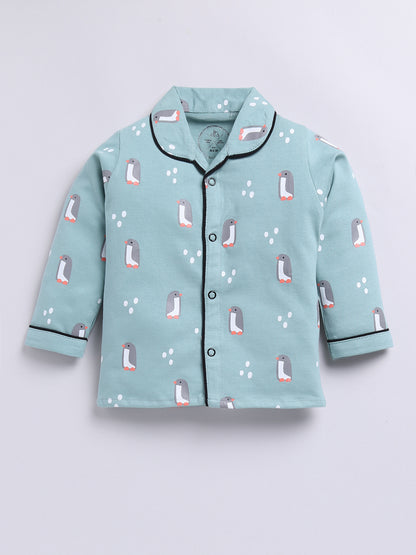 Teal Penguin Print Full Sleeve Night Suit