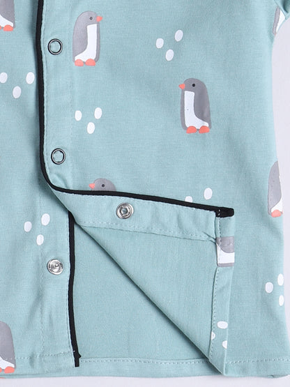 Teal Penguin Print Full Sleeve Night Suit