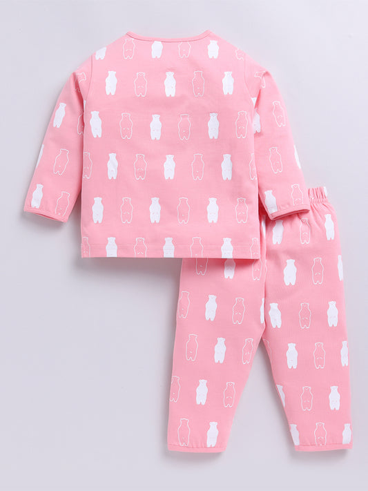 Pink Bear Print Full Sleeve Night Suit