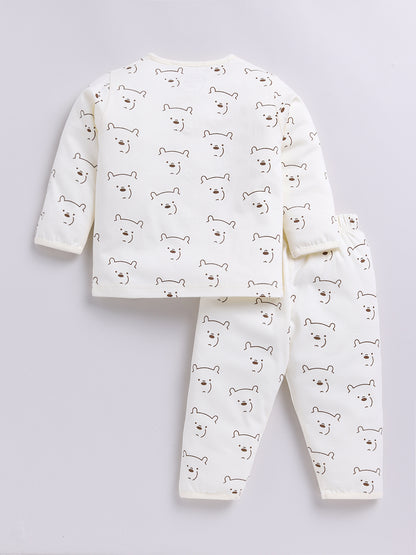 Cream Bear Print Full Sleeve Night Suit