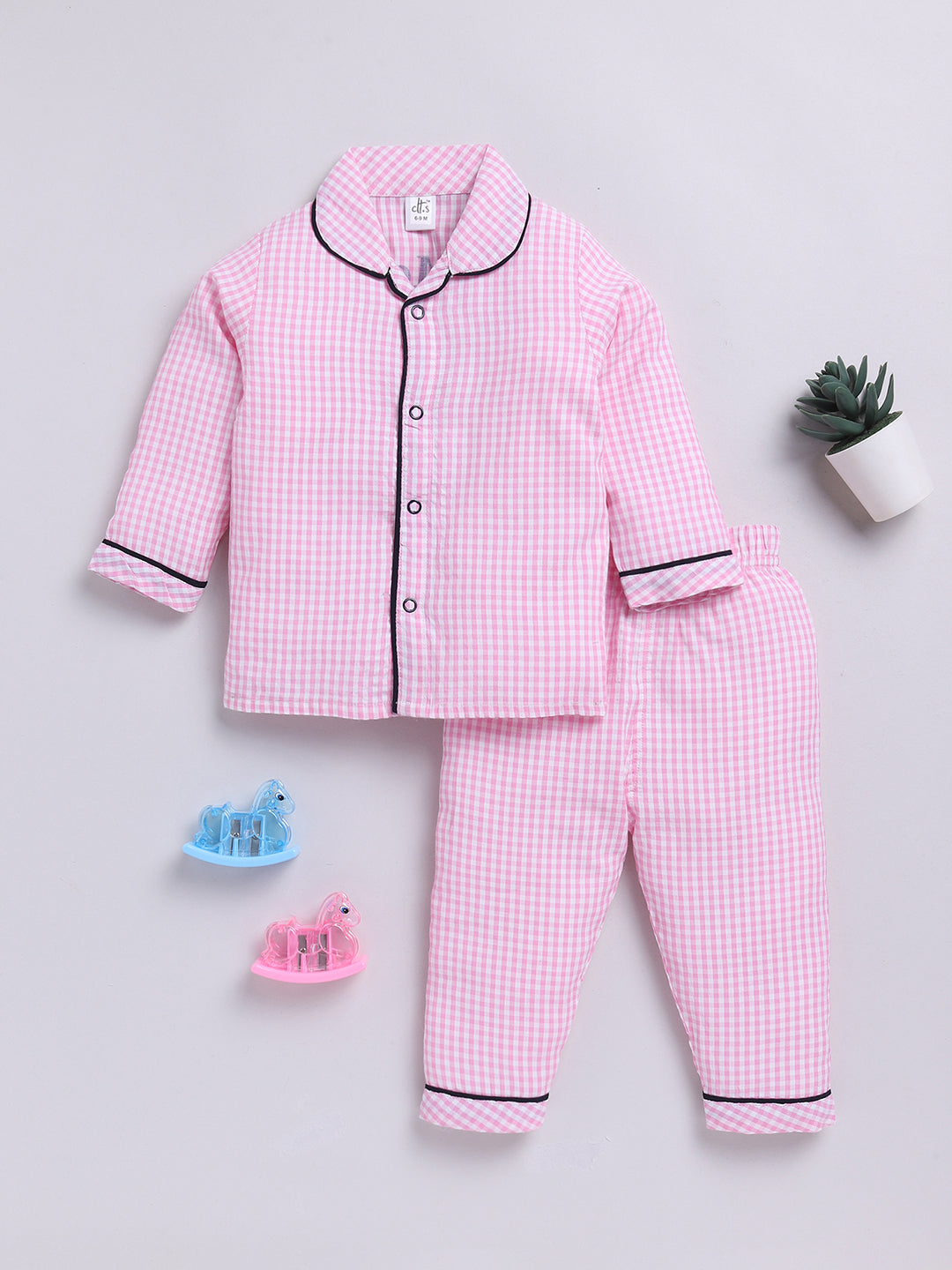 Pink Checked Full sleeve Night Suit