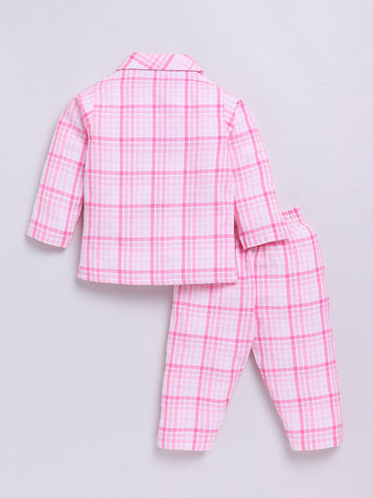 Pink Checked Full Sleeve Night Suit