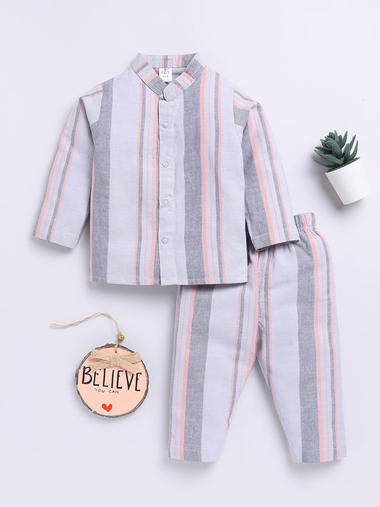 Orange & Grey Striped Full Sleeve Night Suit