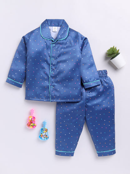 Blue Polka Dot Birthday Full Sleeve Satin Night Suit