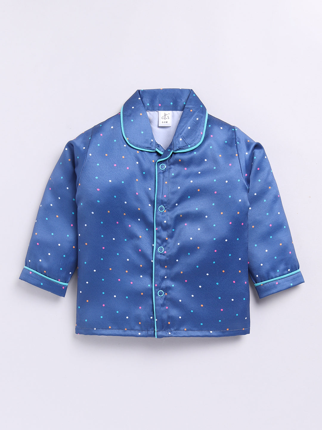 Blue Polka Dot Birthday Full Sleeve Satin Night Suit