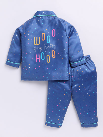 Blue Polka Dot Birthday Full Sleeve Satin Night Suit
