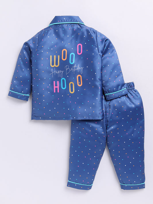 Blue Polka Dot Birthday Full Sleeve Satin Night Suit