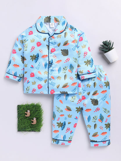 Blue Forest Theme Birthday Full Sleeve Satin Night Suit