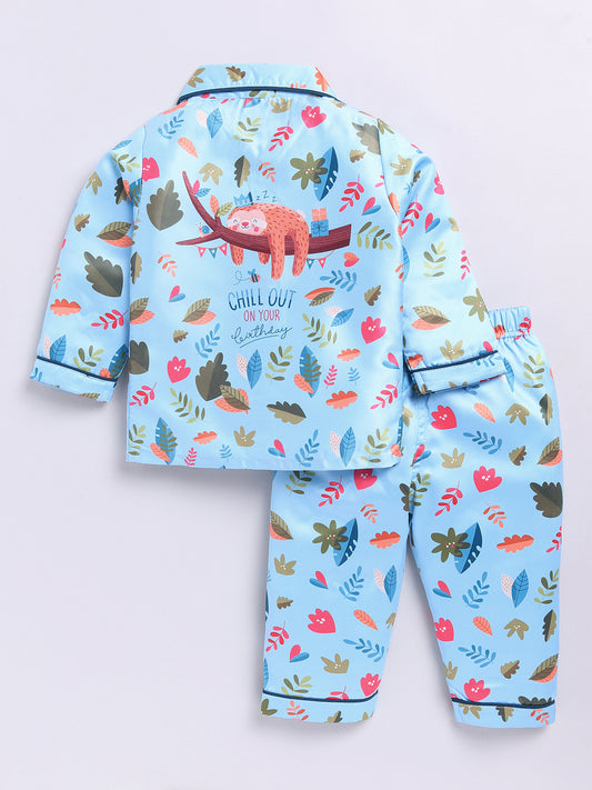 Blue Forest Theme Birthday Full Sleeve Satin Night Suit