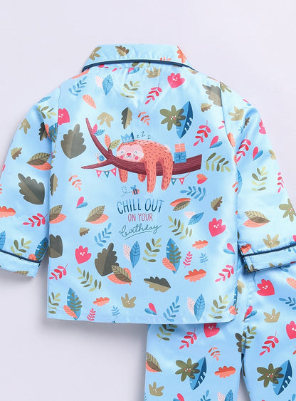 Blue Forest Theme Birthday Full Sleeve Satin Night Suit