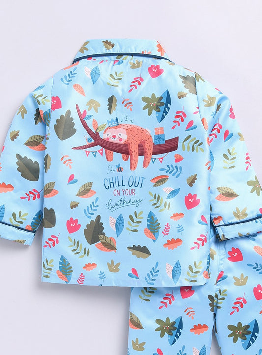 Blue Forest Theme Birthday Full Sleeve Satin Night Suit