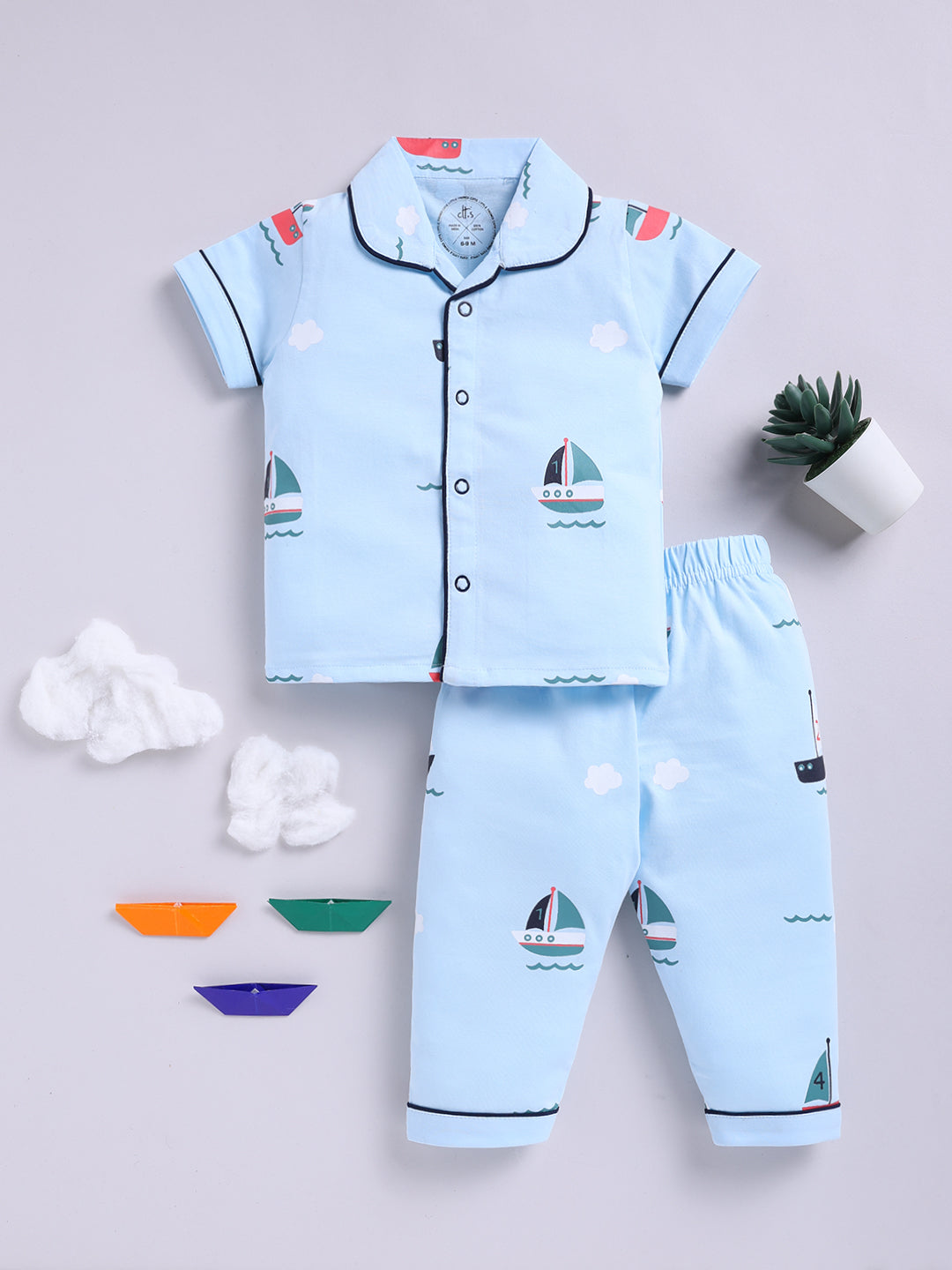 Boat Print Blue Full Sleeve Nightwear Set