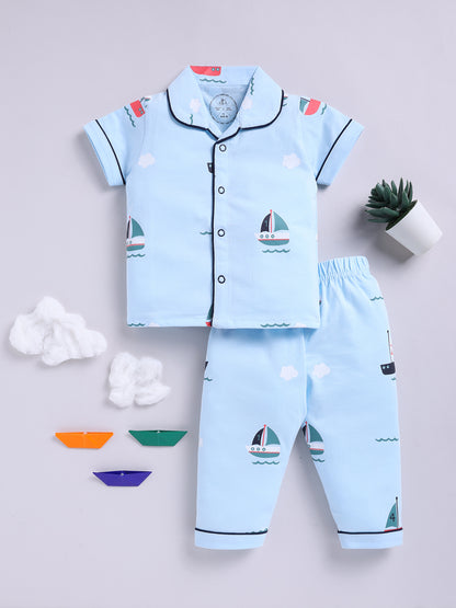 Boat Print Blue Half Sleeve Nightwear Set