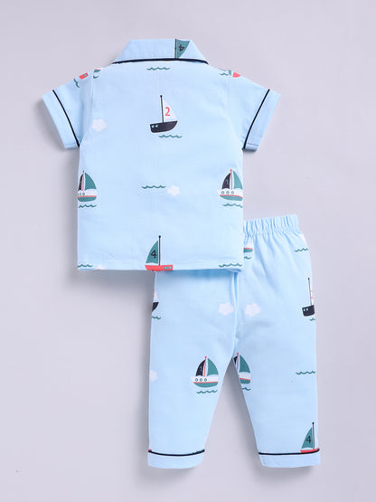 Boat Print Blue Half Sleeve Nightwear Set