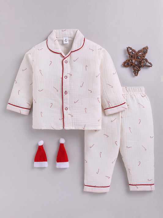Red Candy Cane Cotton Full Sleeve Night Suit