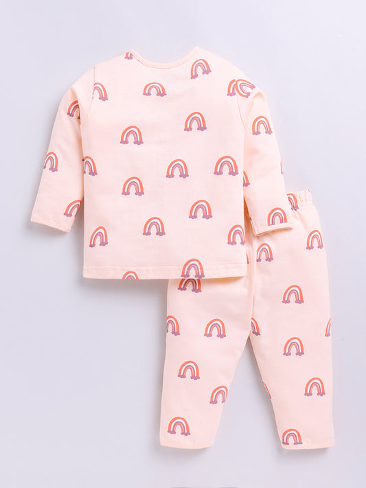 Peach Rainbow Print Full sleeve Night Suit