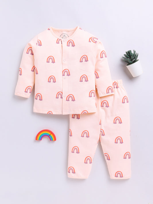 Peach Rainbow Print Full sleeve Night Suit