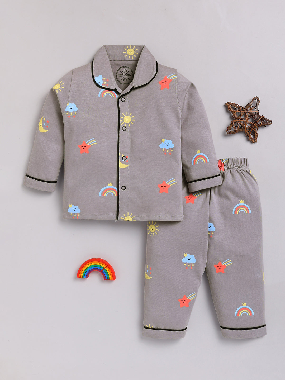 Grey Typography Cotton Full Sleeves Night Suit