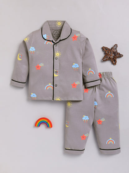 Grey Typography Cotton Full Sleeves Night Suit