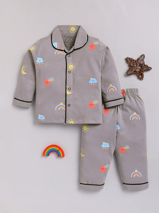 Grey Typography Cotton Full Sleeves Night Suit