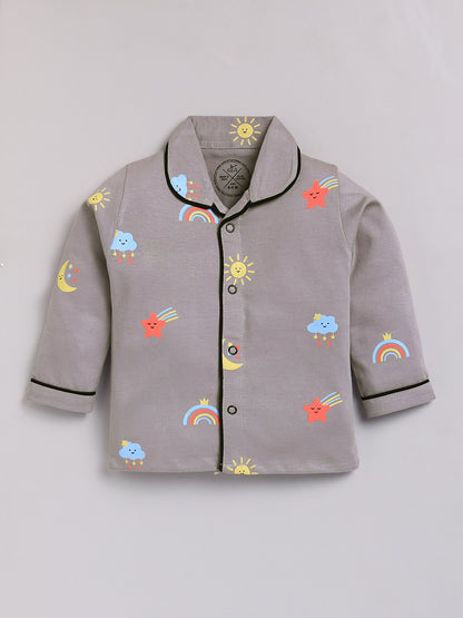 Grey Typography Cotton Full Sleeves Night Suit